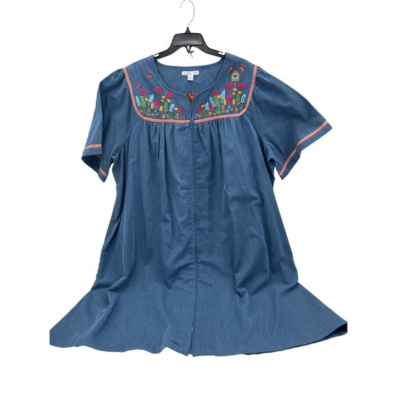 Go Softly Chambray Embroidered Patio Dress By Go Softly 3X Short Sleeve Mumu - Picture 1 of 7